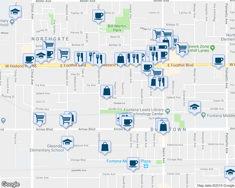 map of restaurants, bars, coffee shops, grocery stores, and more near 8238 Pepper Avenue in Fontana
