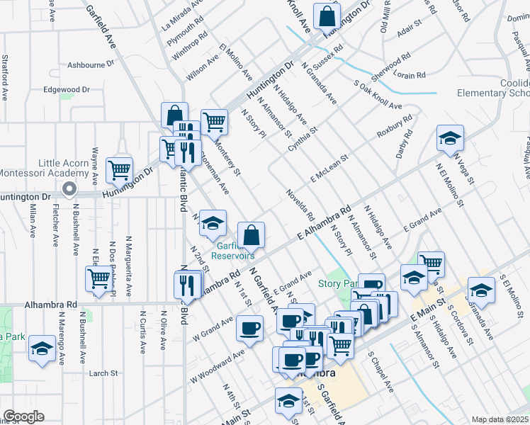 map of restaurants, bars, coffee shops, grocery stores, and more near 812 North Monterey Street in Alhambra