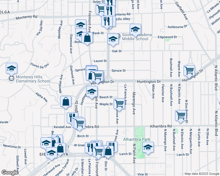 map of restaurants, bars, coffee shops, grocery stores, and more near 1495 Huntington Drive in South Pasadena