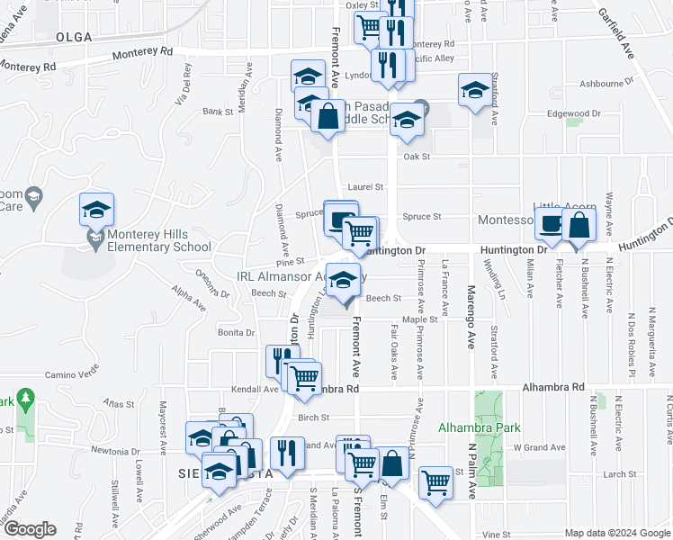 map of restaurants, bars, coffee shops, grocery stores, and more near 1304 Pine Street in South Pasadena