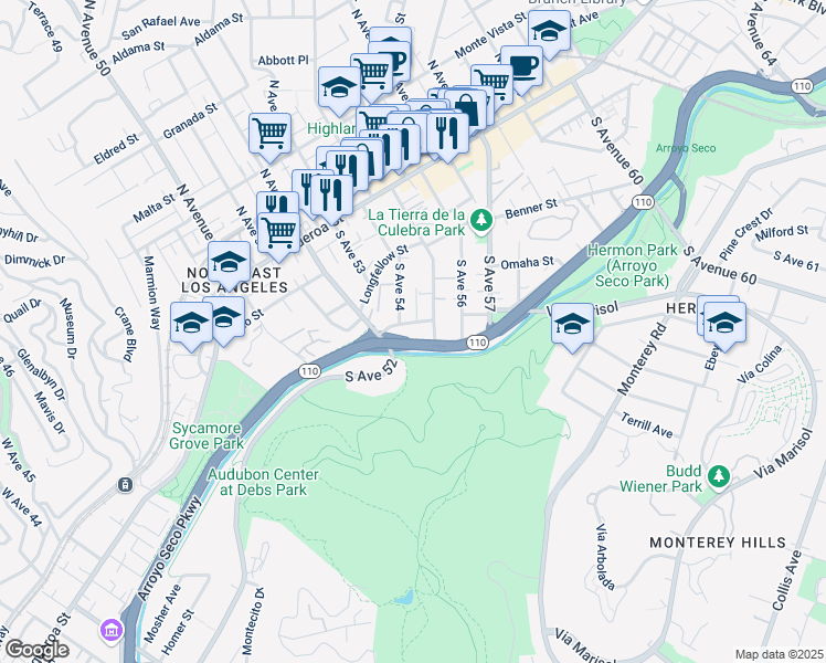 map of restaurants, bars, coffee shops, grocery stores, and more near 265 South Avenue 54 in Los Angeles
