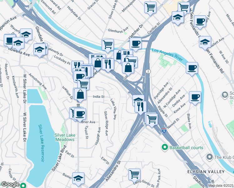 map of restaurants, bars, coffee shops, grocery stores, and more near 2106 Roselin Place in Los Angeles