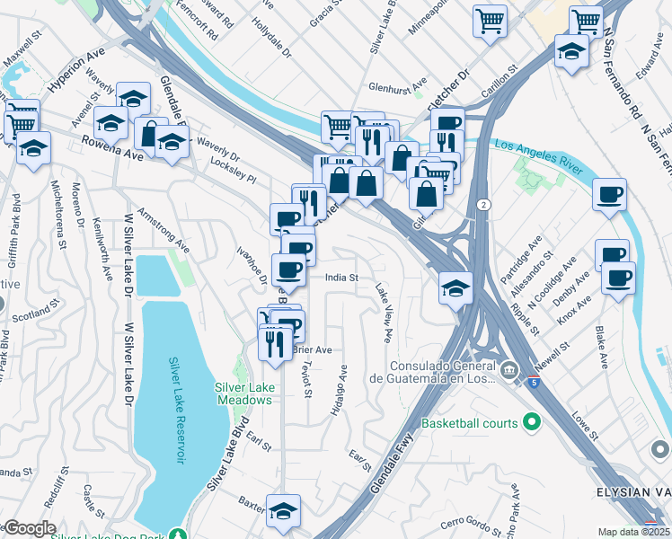map of restaurants, bars, coffee shops, grocery stores, and more near 2650 Lake View Avenue in Los Angeles