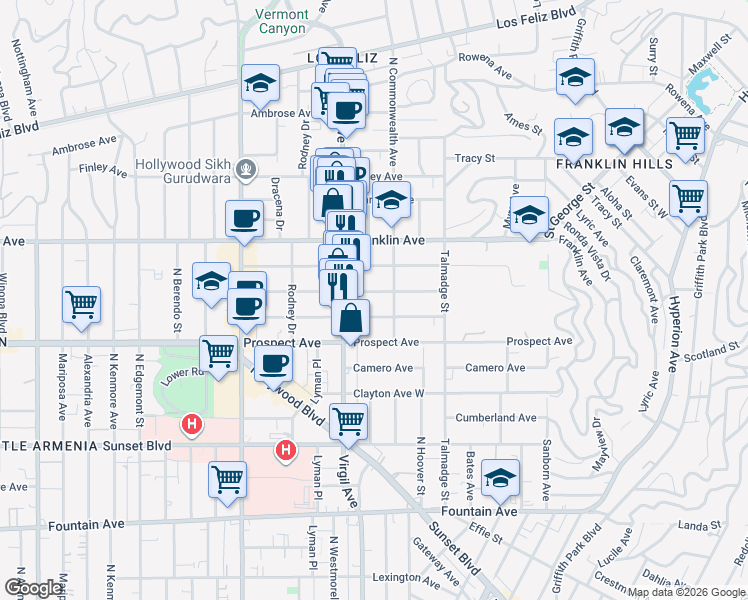 map of restaurants, bars, coffee shops, grocery stores, and more near 1801 North Commonwealth Avenue in Los Angeles