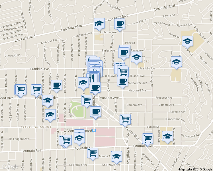 map of restaurants, bars, coffee shops, grocery stores, and more near 4608 Russell Avenue in Los Angeles