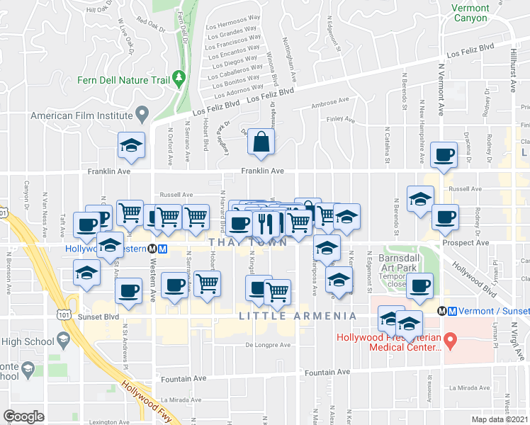 map of restaurants, bars, coffee shops, grocery stores, and more near 1820 3/4 Winona Boulevard in Los Angeles