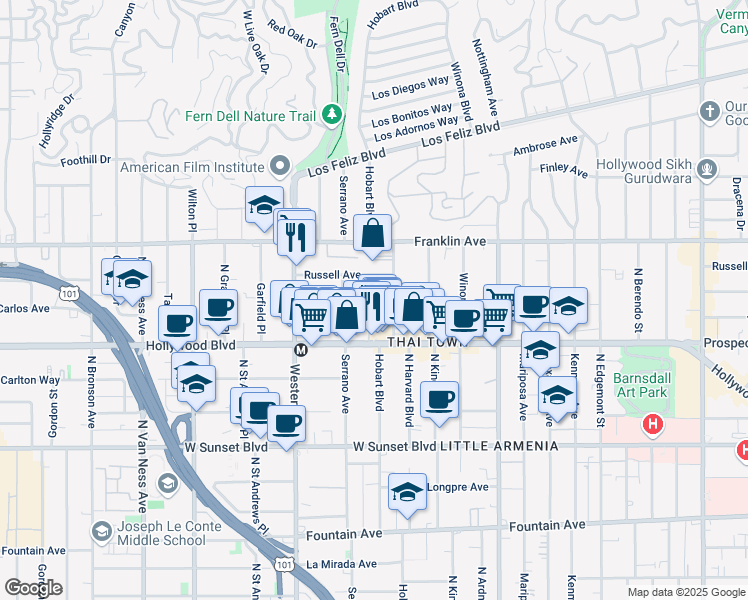 map of restaurants, bars, coffee shops, grocery stores, and more near 5332 Russell Avenue in Los Angeles