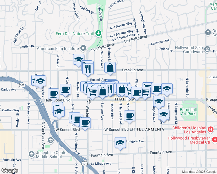 map of restaurants, bars, coffee shops, grocery stores, and more near 5332 Russell Avenue in Los Angeles