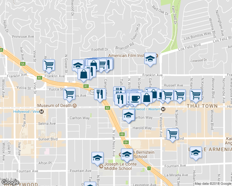 map of restaurants, bars, coffee shops, grocery stores, and more near 1818 North Van Ness Avenue in Los Angeles