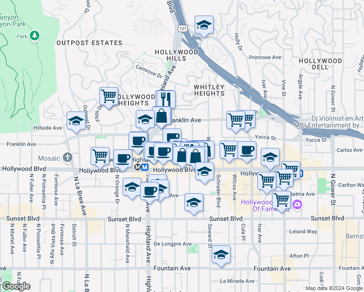 map of restaurants, bars, coffee shops, grocery stores, and more near 1825 North Cherokee Avenue in Los Angeles