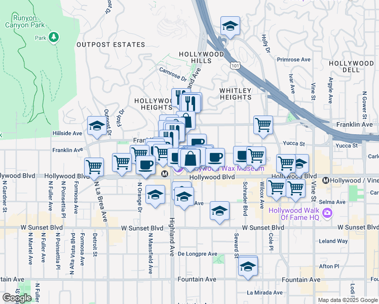map of restaurants, bars, coffee shops, grocery stores, and more near 6700 Franklin Place in Los Angeles