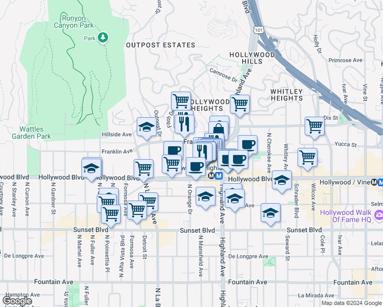 map of restaurants, bars, coffee shops, grocery stores, and more near 6918 Franklin Avenue in Los Angeles