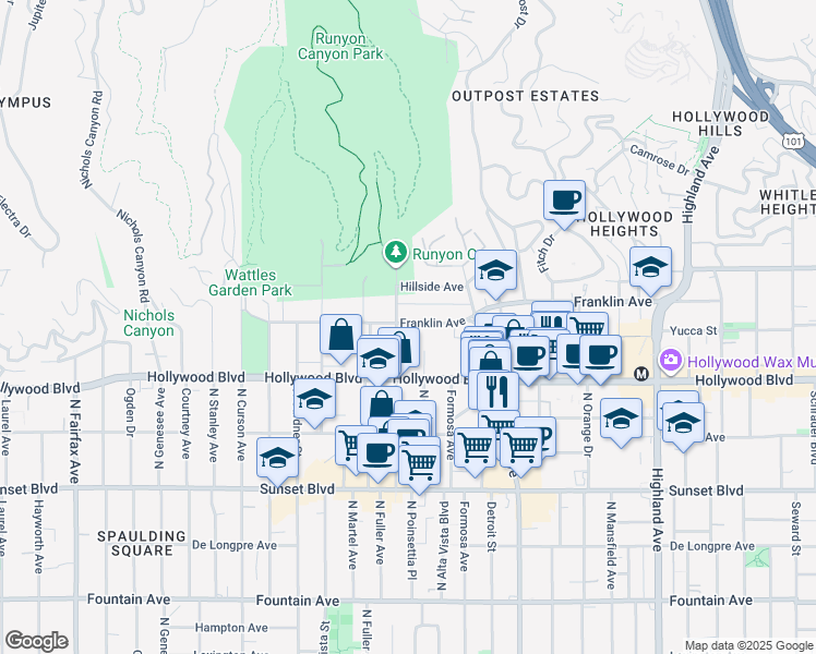 map of restaurants, bars, coffee shops, grocery stores, and more near 1841 North Fuller Avenue in Los Angeles