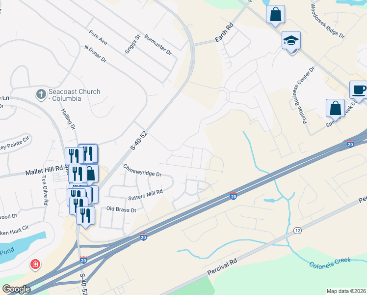 map of restaurants, bars, coffee shops, grocery stores, and more near 1064 Ashcroft Circle in Columbia