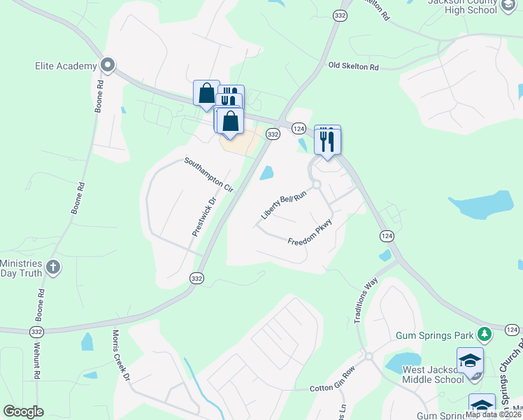 map of restaurants, bars, coffee shops, grocery stores, and more near 880 Liberty Bell Run in Hoschton