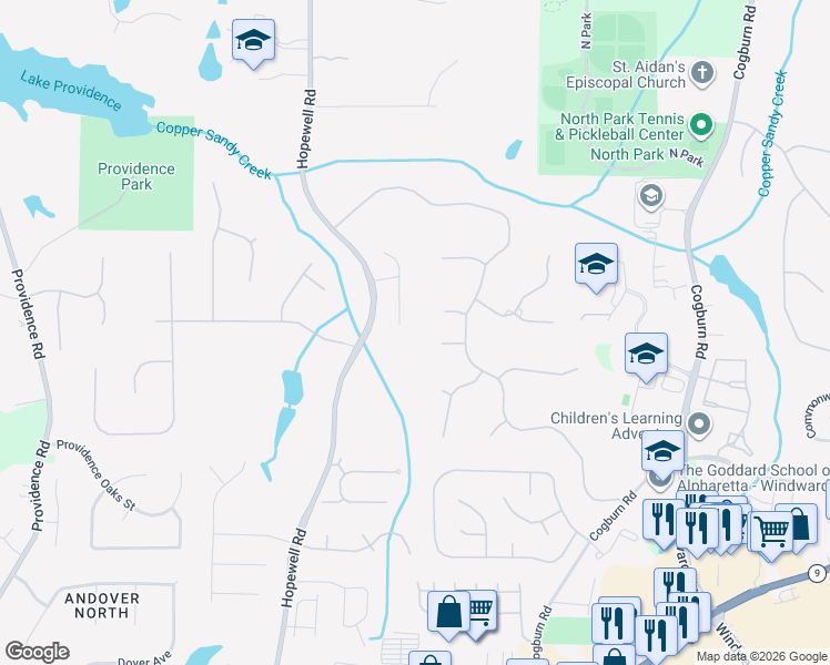 map of restaurants, bars, coffee shops, grocery stores, and more near 290 Hopewell Close Lane in Alpharetta