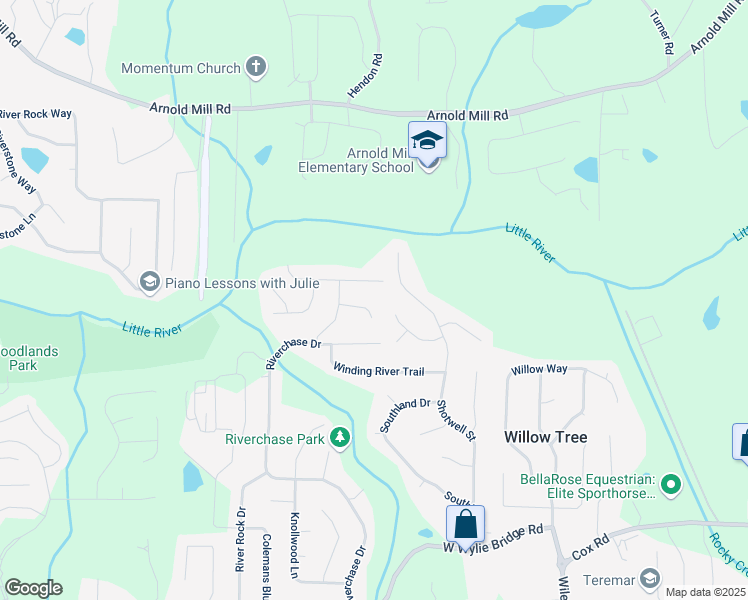 map of restaurants, bars, coffee shops, grocery stores, and more near 1507 Forest Court in Woodstock