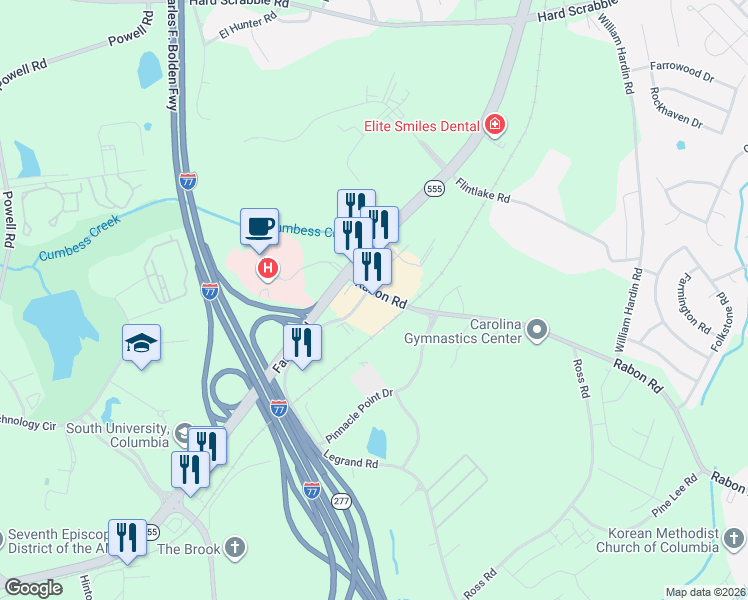 map of restaurants, bars, coffee shops, grocery stores, and more near 2360 Legrand Road in Columbia