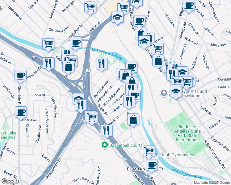 map of restaurants, bars, coffee shops, grocery stores, and more near North Coolidge Avenue in Los Angeles