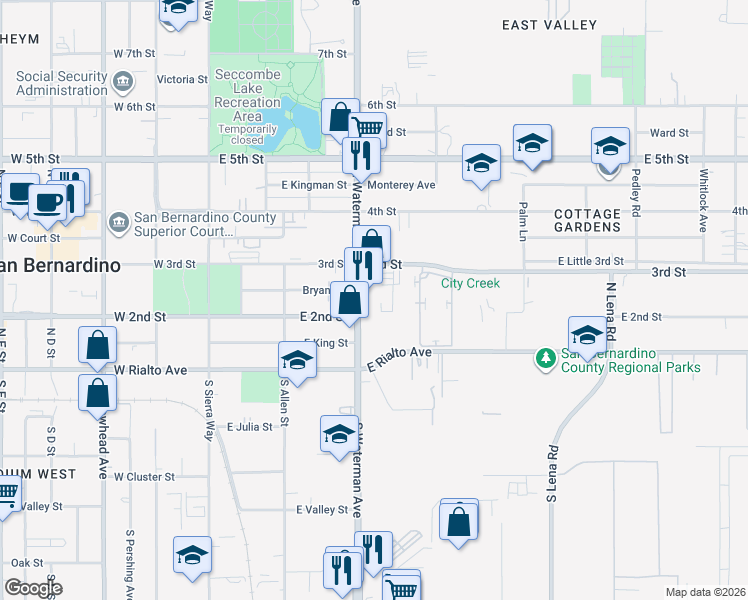 map of restaurants, bars, coffee shops, grocery stores, and more near 381 East 3rd Street in San Bernardino
