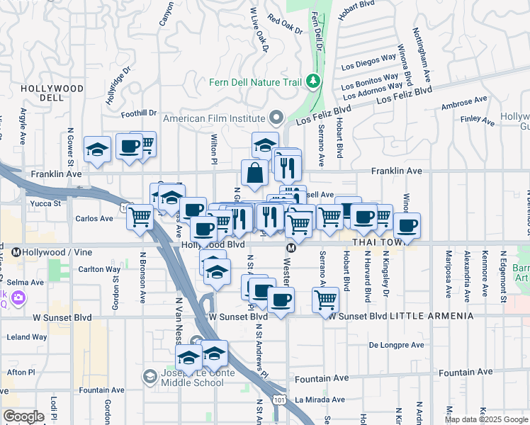 map of restaurants, bars, coffee shops, grocery stores, and more near 1762 Garfield Place in Los Angeles