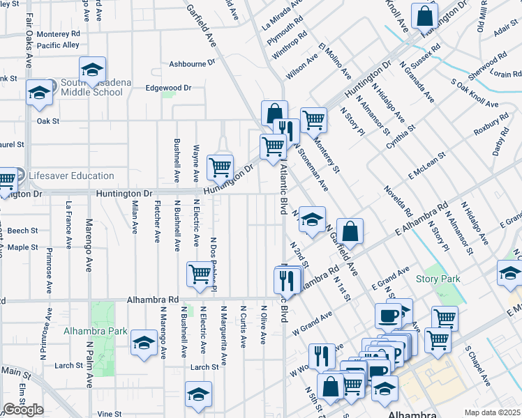 map of restaurants, bars, coffee shops, grocery stores, and more near 917 North Olive Avenue in Alhambra