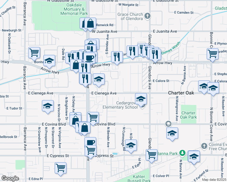 map of restaurants, bars, coffee shops, grocery stores, and more near 19641 East Cienega Avenue in Covina