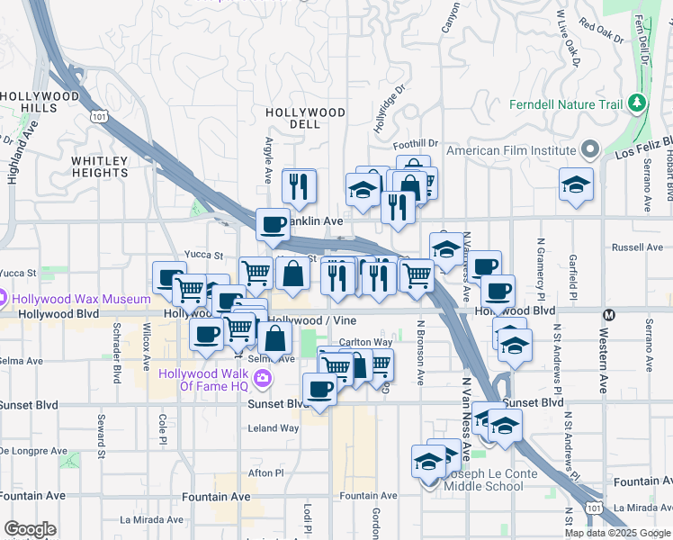 map of restaurants, bars, coffee shops, grocery stores, and more near 1760 North Gower Street in Los Angeles
