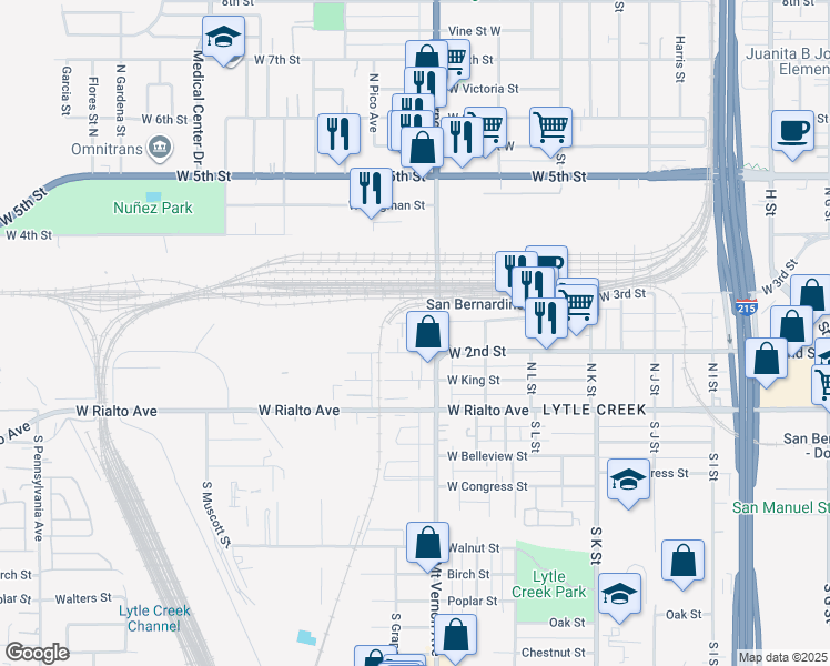 map of restaurants, bars, coffee shops, grocery stores, and more near 1329 West 3rd Street in San Bernardino
