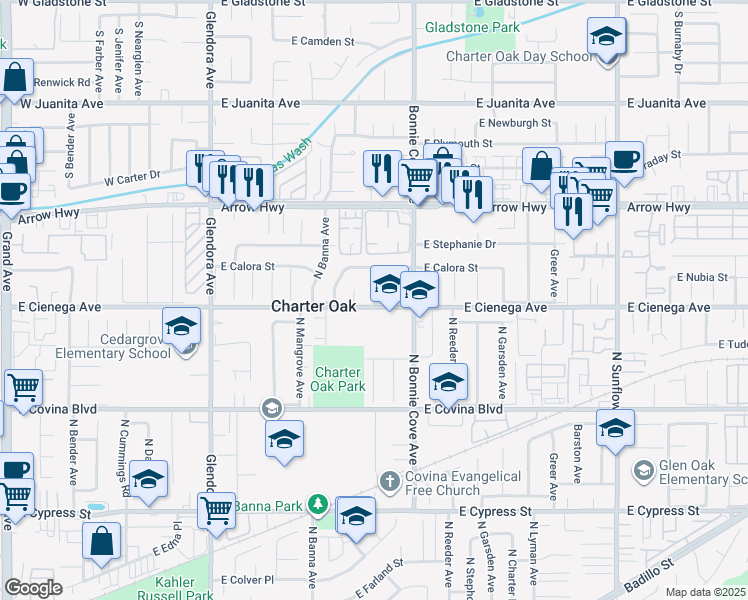 map of restaurants, bars, coffee shops, grocery stores, and more near 1069 North Darfield Avenue in Covina