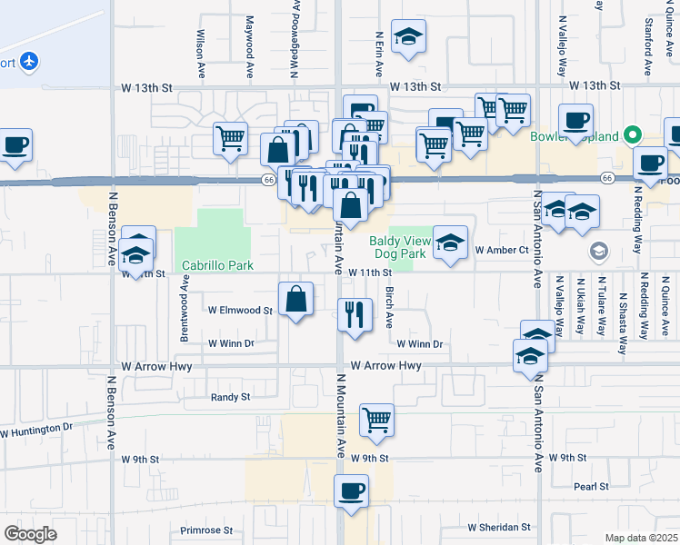 map of restaurants, bars, coffee shops, grocery stores, and more near North Mountain Avenue & West 11th Street in Upland