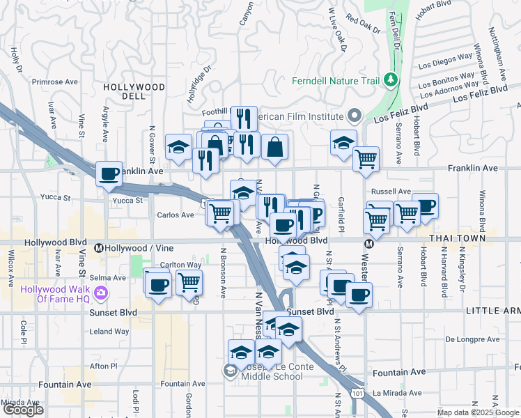 map of restaurants, bars, coffee shops, grocery stores, and more near 1752 North Van Ness Avenue in Los Angeles