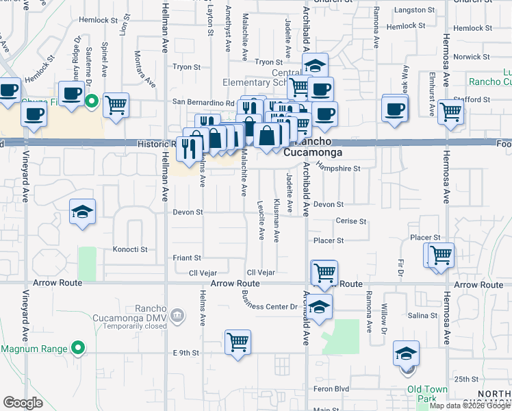 map of restaurants, bars, coffee shops, grocery stores, and more near 8241 Malachite Avenue in Rancho Cucamonga