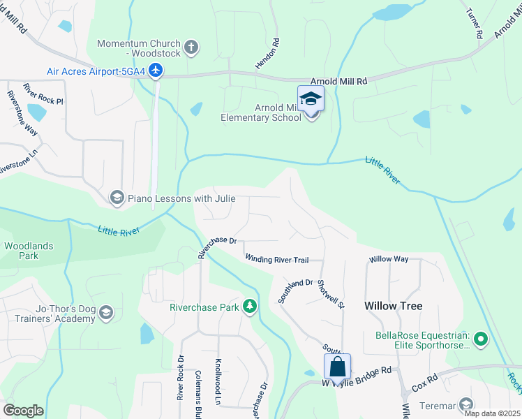 map of restaurants, bars, coffee shops, grocery stores, and more near 1503 Forest Court in Woodstock