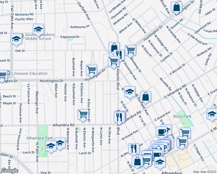map of restaurants, bars, coffee shops, grocery stores, and more near 917 North Olive Avenue in Alhambra