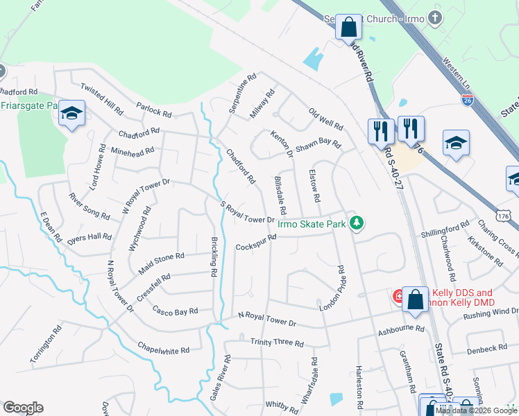 map of restaurants, bars, coffee shops, grocery stores, and more near 725 Chadford Road in Irmo