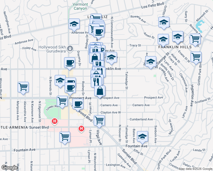 map of restaurants, bars, coffee shops, grocery stores, and more near 1801 North Commonwealth Avenue in Los Angeles