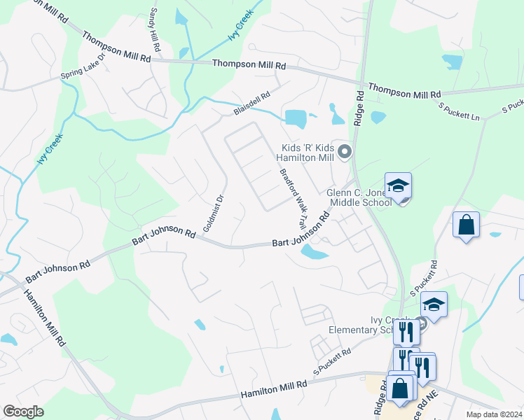 map of restaurants, bars, coffee shops, grocery stores, and more near 4085 Bradford Walk Trail in Buford