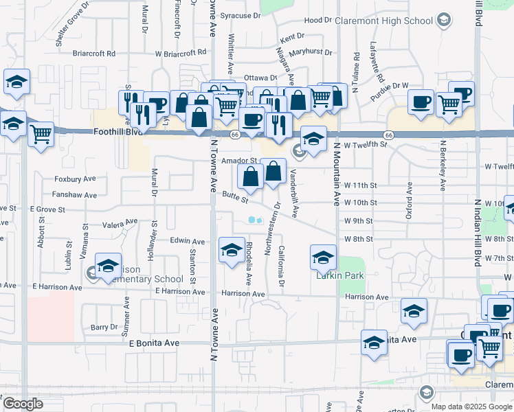 map of restaurants, bars, coffee shops, grocery stores, and more near 976 Butte Street in Claremont