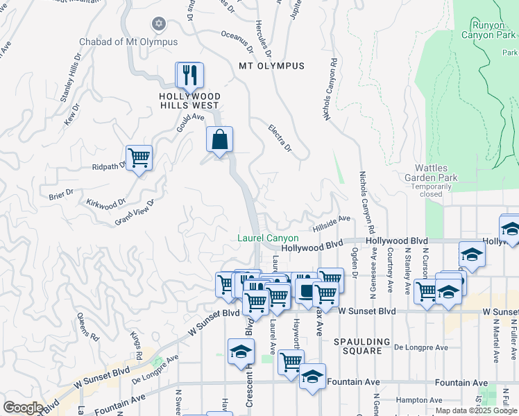 map of restaurants, bars, coffee shops, grocery stores, and more near 1748 Laurel Canyon Boulevard in Los Angeles