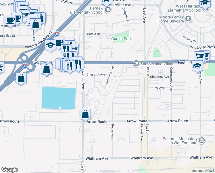 map of restaurants, bars, coffee shops, grocery stores, and more near 8255 Cornwall Avenue in Rancho Cucamonga