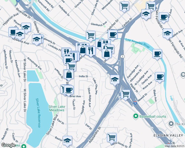 map of restaurants, bars, coffee shops, grocery stores, and more near 2564 Lake View Avenue in Los Angeles