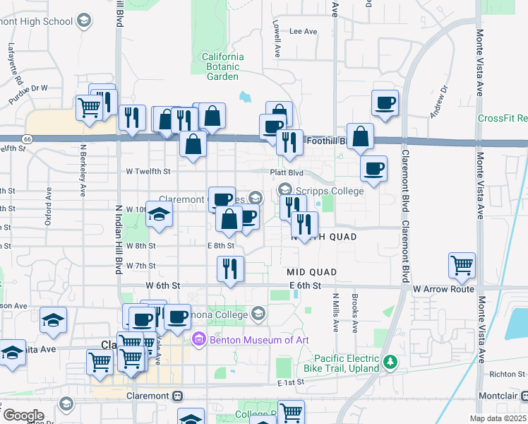 map of restaurants, bars, coffee shops, grocery stores, and more near in Claremont