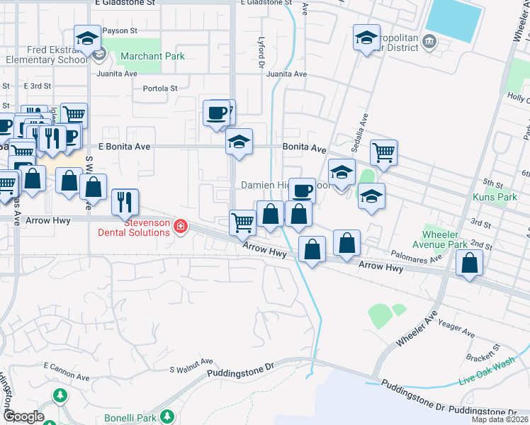 map of restaurants, bars, coffee shops, grocery stores, and more near 783 Palomares Avenue in San Dimas