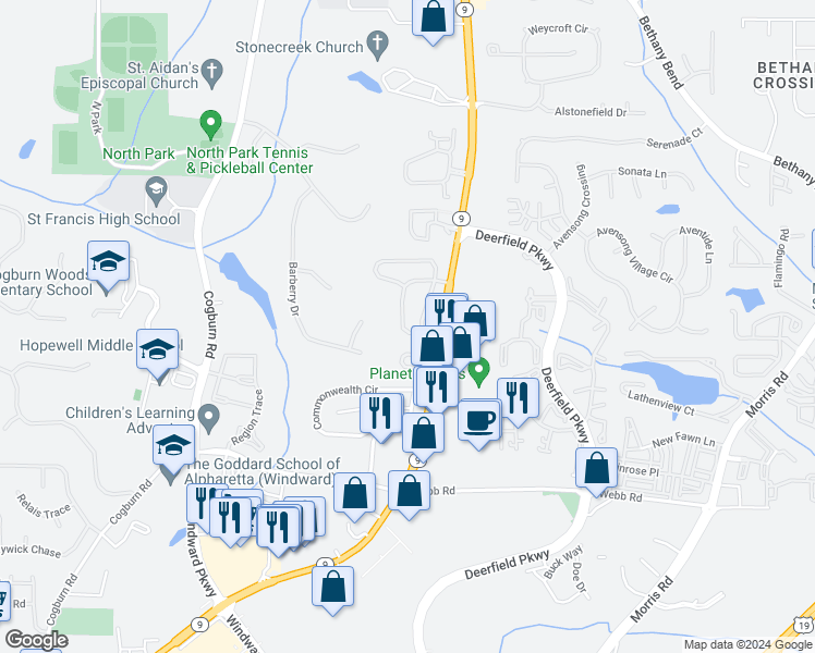 map of restaurants, bars, coffee shops, grocery stores, and more near 13243 Marrywood Drive in Alpharetta