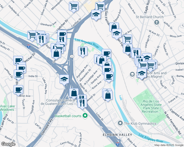 map of restaurants, bars, coffee shops, grocery stores, and more near 2911 North Coolidge Avenue in Los Angeles