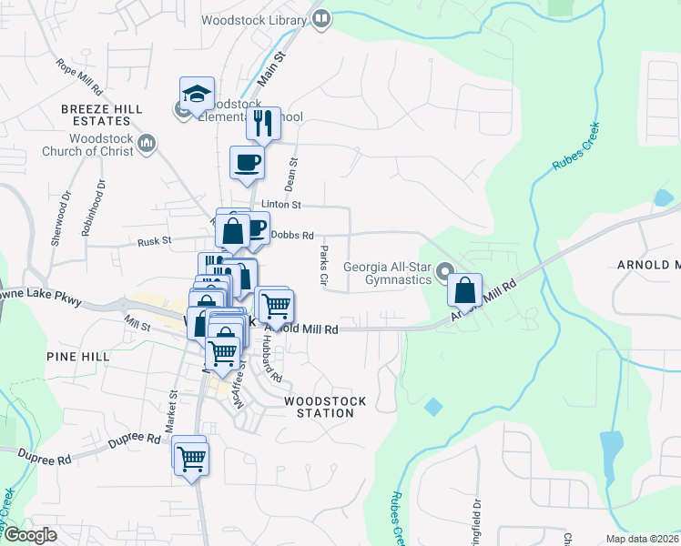 map of restaurants, bars, coffee shops, grocery stores, and more near 204 Melanie Lane in Woodstock