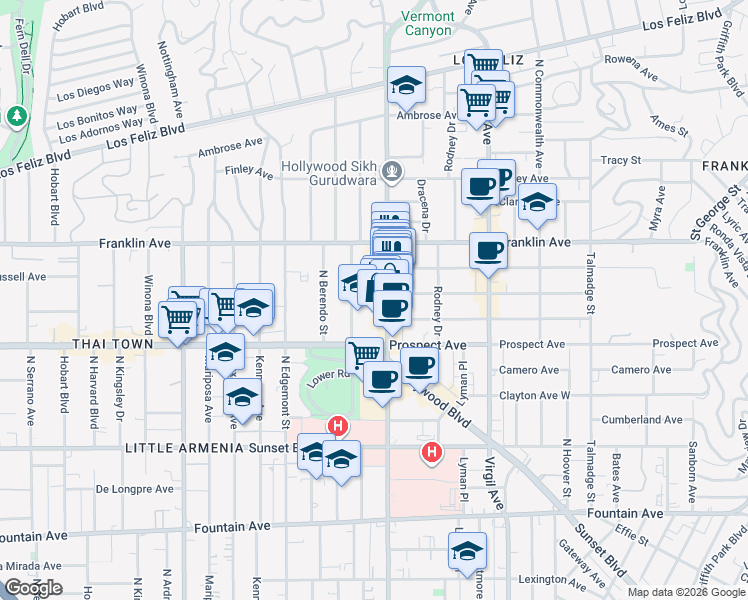 map of restaurants, bars, coffee shops, grocery stores, and more near 1808 North New Hampshire Avenue in Los Angeles