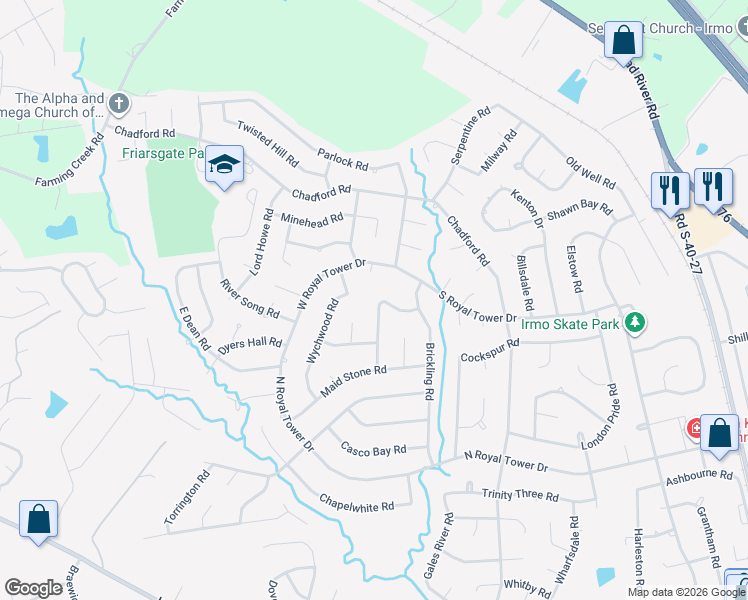 map of restaurants, bars, coffee shops, grocery stores, and more near 230 Andover Circle in Irmo