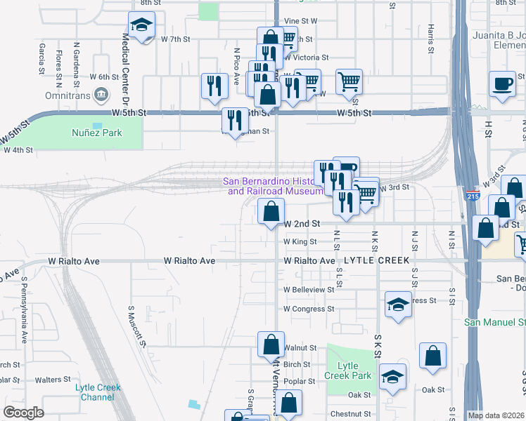map of restaurants, bars, coffee shops, grocery stores, and more near 1329 West 3rd Street in San Bernardino